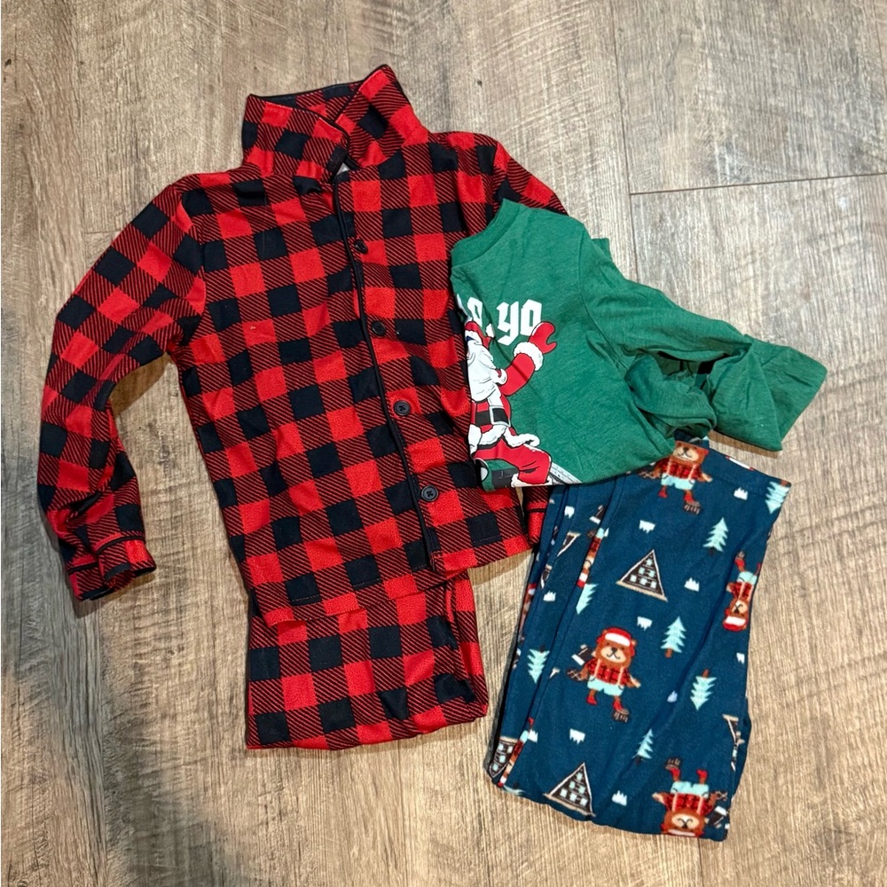 Kids Red Buffalo Plaid Button Pajama Set with Green Top and Navy Holiday Pants